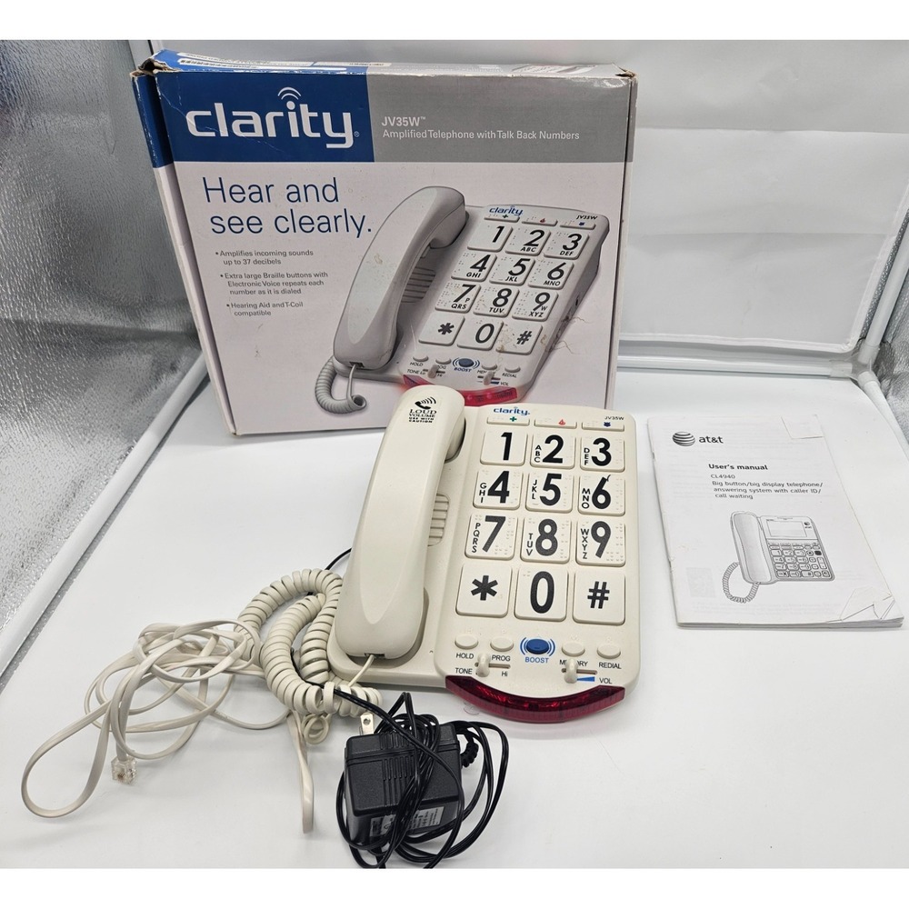 Clarity JV35W Amplified Telephone Big Braille Buttons Talk Back Numbers White